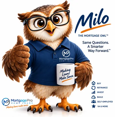 Milo, the Mortgage Pro Home Loans mortgage owl mascot, wearing glasses and a navy Mortgage Pro polo