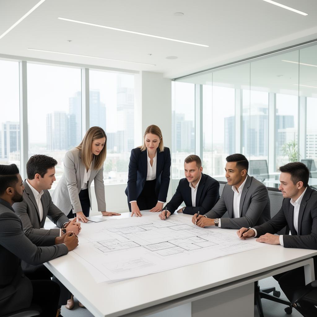 Professional team collaborating over blueprints