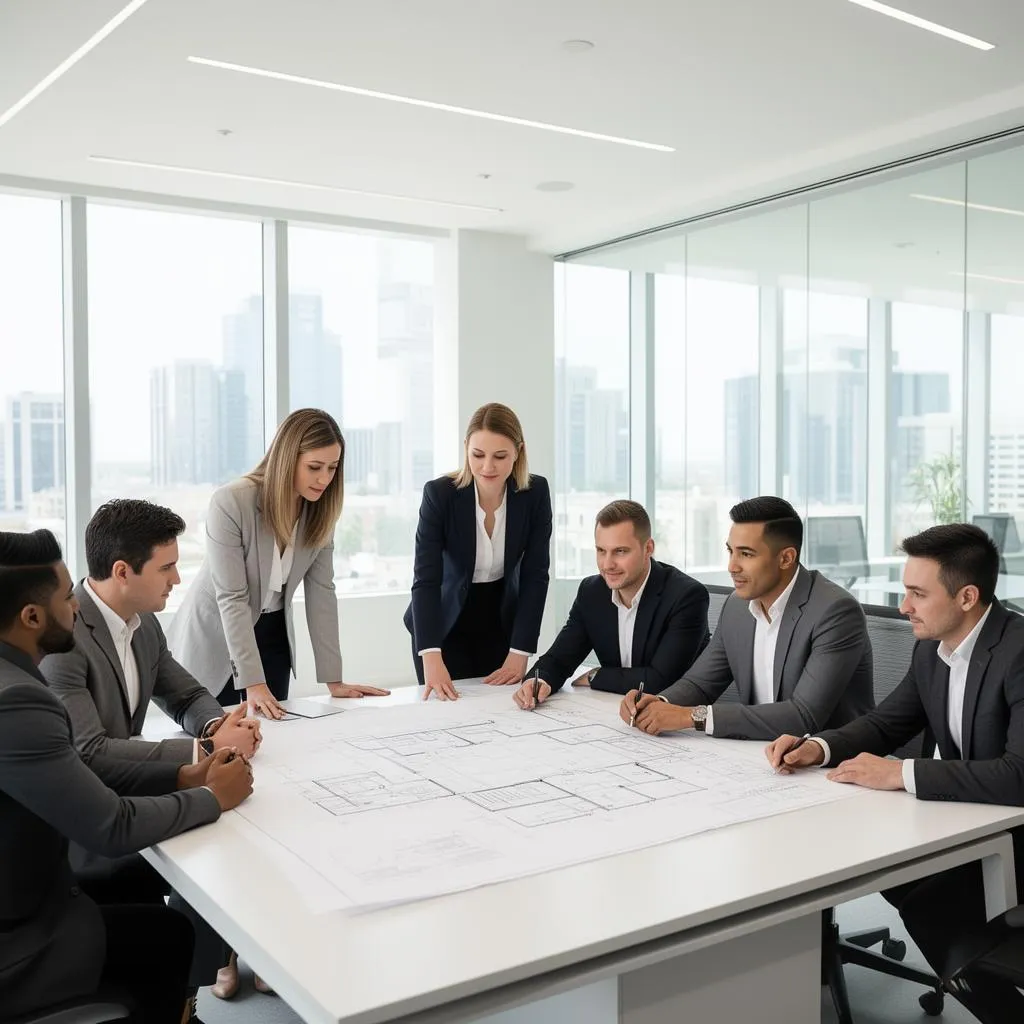 Professional team collaborating over blueprints